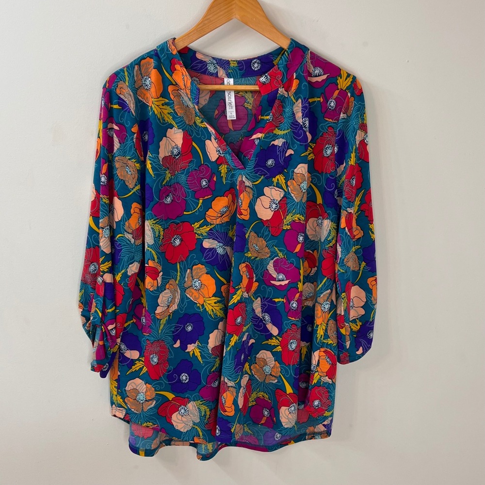 Dear Scarlett Women's Floral Roll Tab Sleeve Tunic Top Teal LIZ-C0087 Large